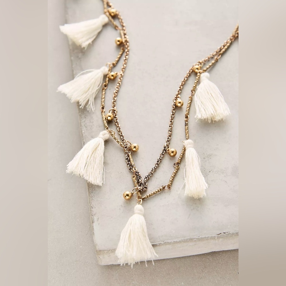 Serefina Boho Tasseled Droplets Long Necklace – White & Brass (Never Worn)